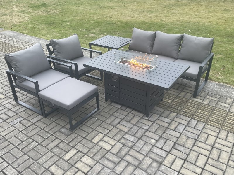 Fimous Aluminium Outdoor Garden Furniture Set Gas Fire Pit Dining Table Set Gas Heater Burner with 2 Arm Chair Side Table Big Footstool Dark Grey 6 Seater