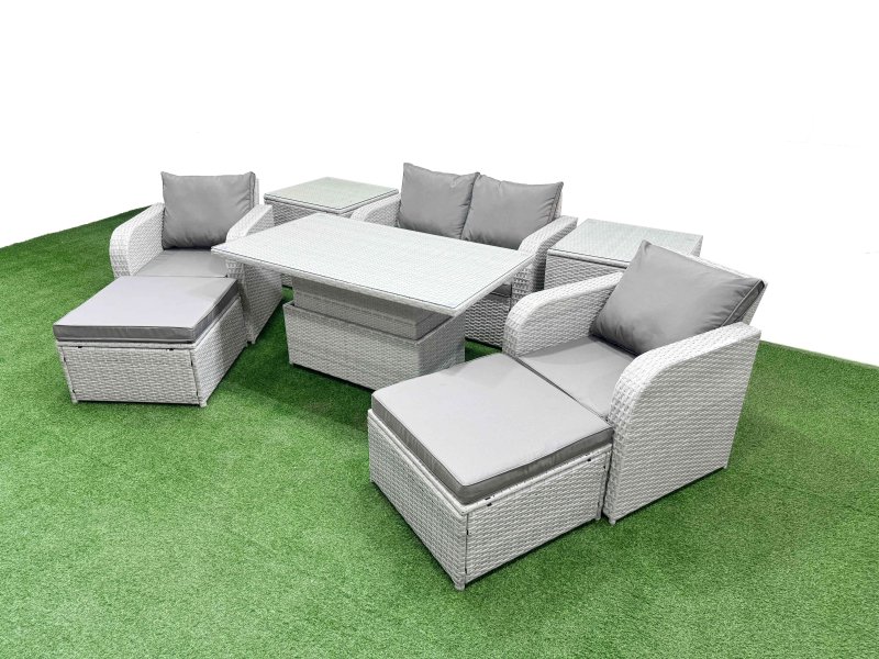 Fimous Light Grey PE Wicker Rattan Garden Furniture Set Sofa Set Reclining Chair Adjustable Lifting Dining or Coffee Table 6 Seater 2 Big Stools 2 Side Table