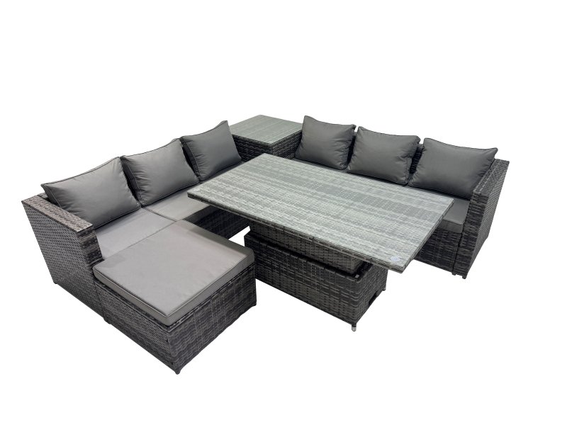 Fimous 7 Seater Outdoor Corner Sofa Height Adjustable Rising Lifting Table Set Garden Rattan Furniture Set with Big Stool Dark Grey