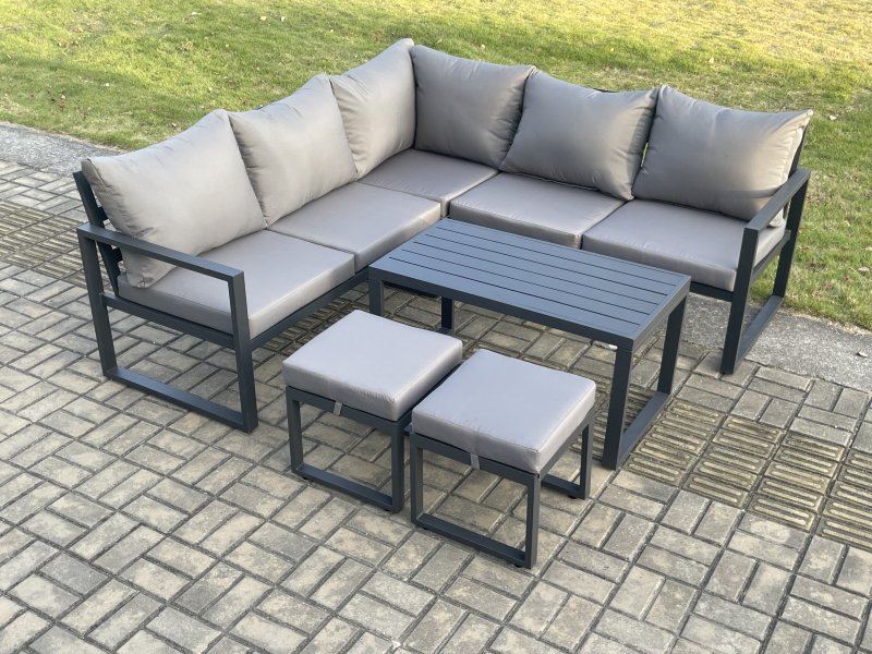 Fimous Aluminium Outdoor Garden Furniture Set Lounge Sofa Oblong Coffee Table Sets with 2 Small Footstools Indoor Conservatory Set Dark Grey