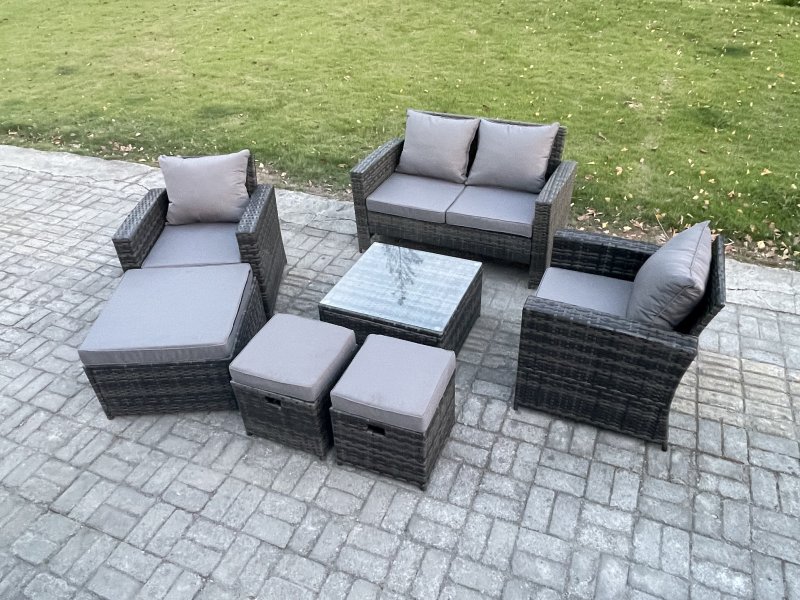 Fimous Rattan Wicker Garden Furniture Patio Conservatory Sofa Set with Square Coffee Table Armchair 2 Seater Sofa 3 Footstools