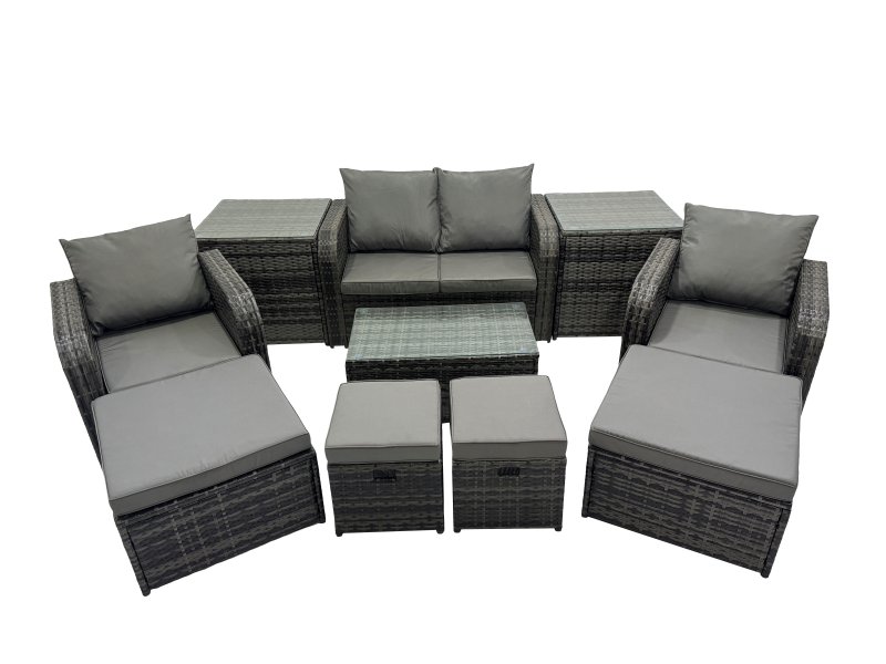 Fimous Outdoor Love Sofa Reclining Chair Coffee Table Set Garden Rattan Furniture Set 8 Seater with 4 Stools 2 Side Tables Dark Grey