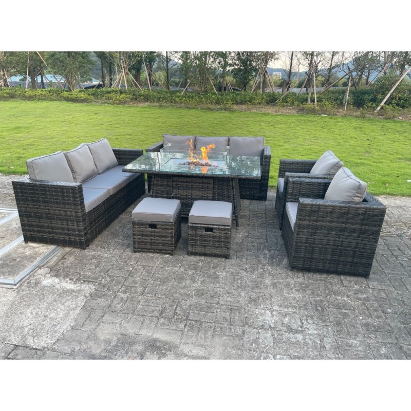 Fimous Outdoor Rattan Garden Furniture Gas Fire Pit Dining Table Sets Gas Heater Lounge Chairs Small Footstools Dark Mixed Grey 10 Seater