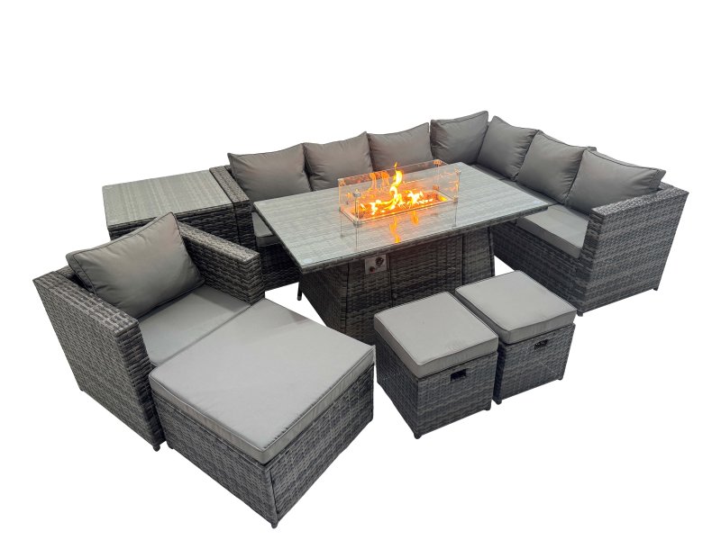 Fimous Garden Rattan Furniture Set 10 Seater Outdoor Corner Sofa Chair Gas Firepit Dining Table Set with Side Table 3 Stool Dark Grey