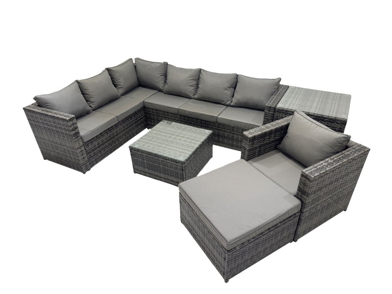 Fimous Rattan Garden Furniture Patio Furniture Sets with Corner Sofa Chair Square Coffee Table Big Footstool Side Table Dark Grey Mixed