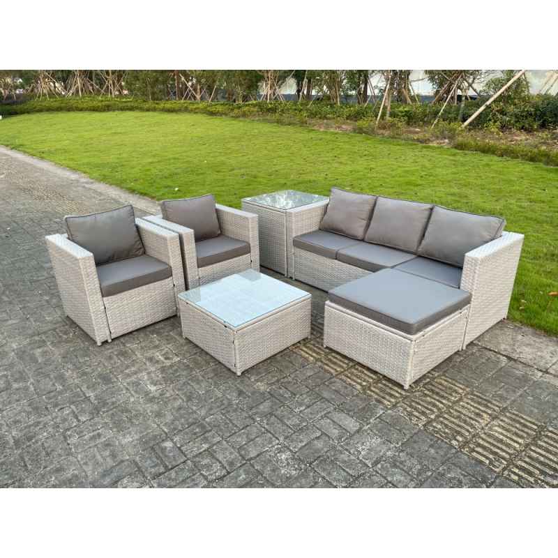 Fimous 6 Seat Light Grey Lounge Outdoor PE Rattan Garden Furniture Set Wicker Sofa Set Square Coffee Table Armchair