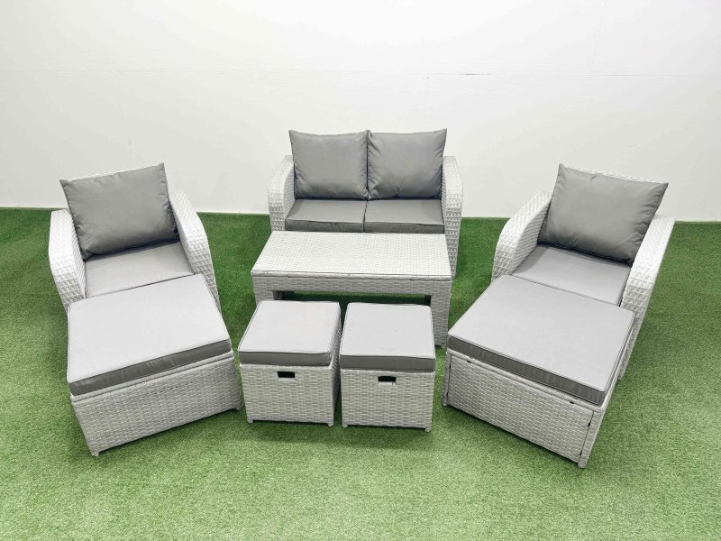 Fimous PE Wicker Rattan Furniture Sets with Oblong Coffee Table Love Sofa Reclining Chair 4 Stools Light Grey Mixed