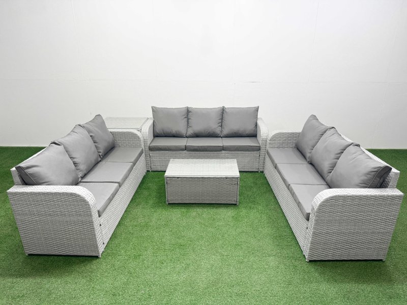 Fimous PE Rattan Lounge Sofa Set 9 Seater Outdoor Garden Furniture Set with Rectangular Coffee Table 3 Seater Sofa Side Table Light Grey