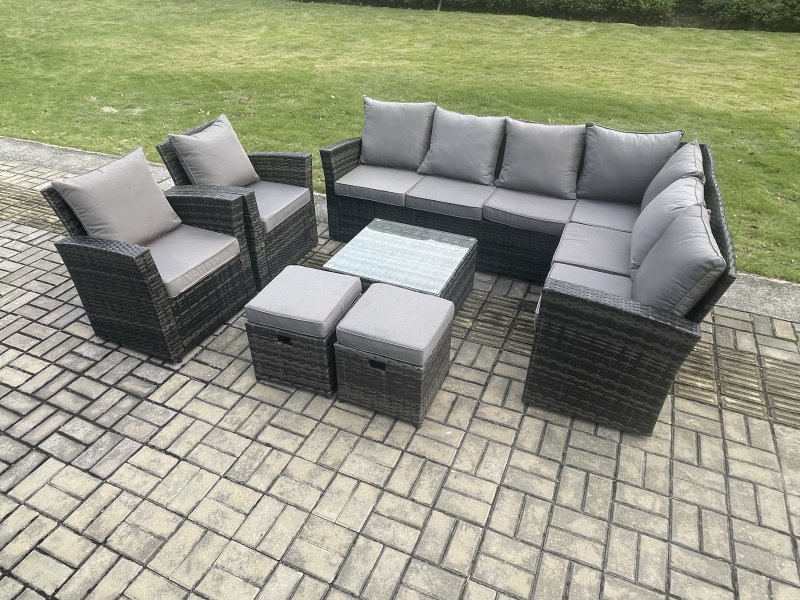 Fimous 10 Seat Rattan Garden Furniture Corner Sofa Set Outdoor Patio Sofa Table Set with 2 Small Footstools 2 Armchairs Dark Grey Mixed