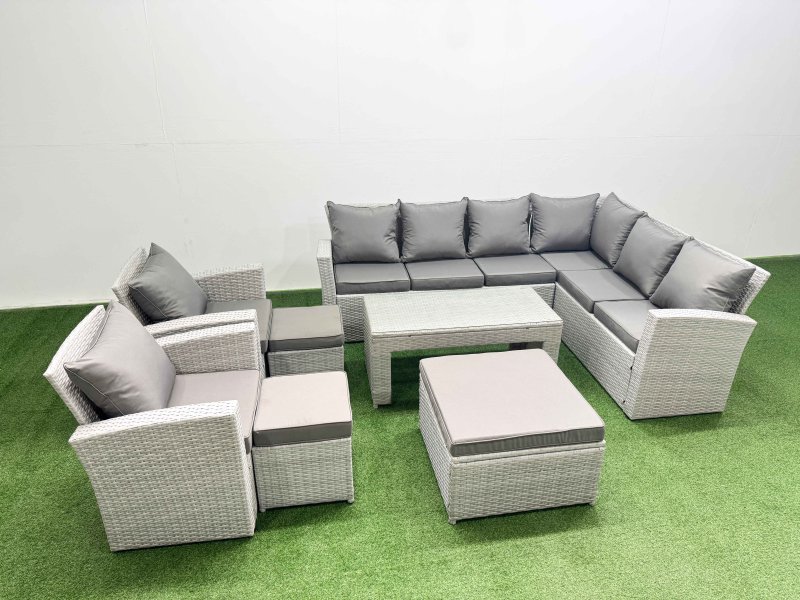 Fimous Rattan Garden Furniture Set 8 Pieces Outdoor Garden Sofa Oblong Coffee Table Set with 2 Chairs 3 Footstools Light Grey Mixed