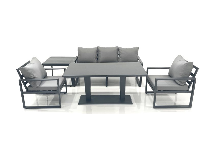 Fimous Outdoor Aluminium Garden Furniture Set with Adjustable Rising Lifting Dining Table 3 Seater Sofa 2 Chair Side Table Dark Grey