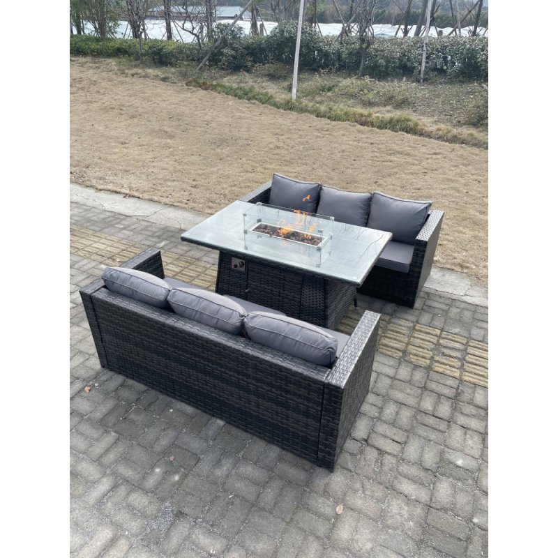 Fimous 6 Seater?Outdoor Rattan Sofa Set Garden Furniture Gas Firepit Set Dining Table Heater Dark Grey Mixed