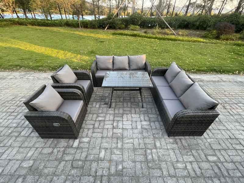 Fimous 8 Seater Rattan Outdoor Garden Furniture Sofa Set Patio Table & Chairs Set with 3 Seater Sofa Rectangular Dining Table Dark Grey Mixed