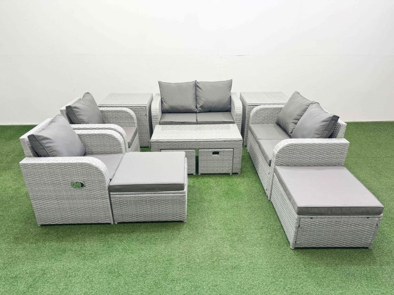 Fimous PE Wicker Rattan Furniture Sofa Sets with Oblong Coffee Table Love Sofa Reclining Chair 4 Stools 2 Side Table Light Grey Mixed