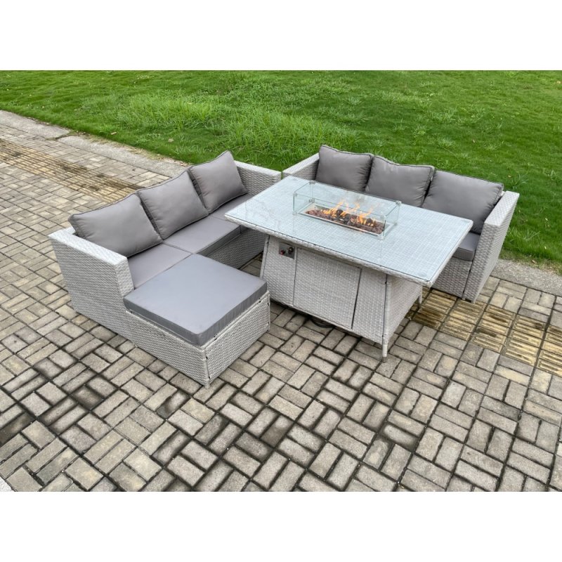 Fimous Garden Dining Sets Outdoor Rattan Furniture Gas Fire Pit Dining Table Gas Heater with Big Footstool Light Grey