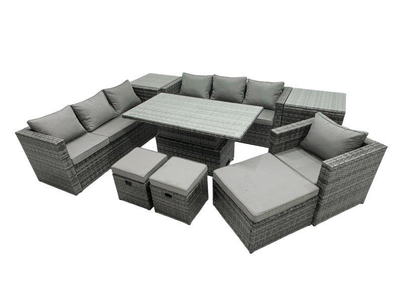 Fimous PE Rattan Garden Furniture Set Lounge Sofa Rising Dining Table Set with 2 Side Tables 3 Footstool Dark Grey Mixed