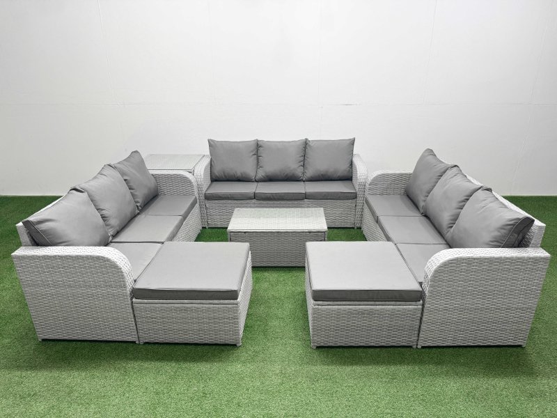 Fimous PE Rattan Lounge Sofa Set 11 Seater Outdoor Garden Furniture Set with Rectangular Coffee Table 3 Seater Sofa 2 Big Footstools Side Table Light Grey