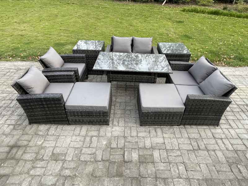 Fimous Garden Furniture Sets 9 Pieces Rattan Furniture Handmade Wicker Patio Sofa Set with 2 Big Footstool 2 Side Tables Dark Grey Mixed