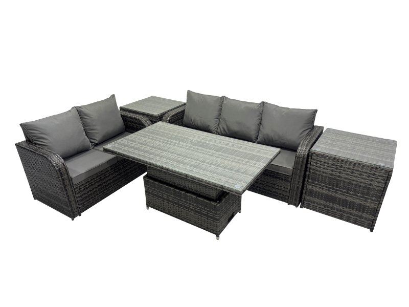 Fimous Rattan Garden Furniture Dining Set 5-seater Patio Height Adjustable Rising Lifting Table Sofa Set with 2 Side Table Dark Grey Mixed