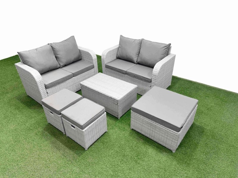Fimous 7 Seater Outdoor Love Sofa Set Rattan Garden Furniture Set with Rectangular Coffee Table 3 Footstool Light Grey