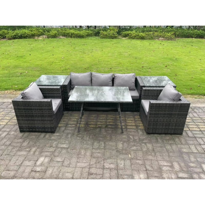 Fimous 5 Seater Rattan Outdoor Furniture Garden Dining Set with Oblong Dining Table 2 Armchairs 2 Side Tables Dark Grey Mixed