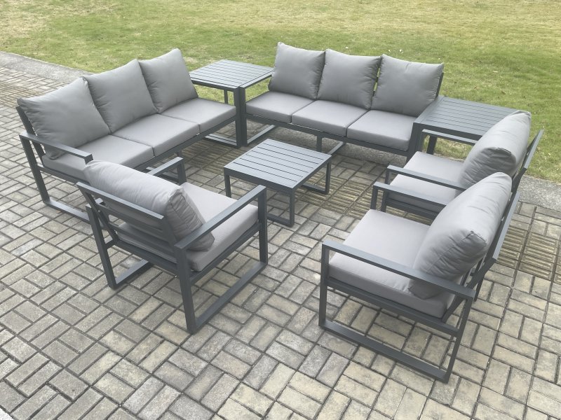Fimous Aluminium Outdoor Garden Furniture Set Patio Lounge Sofa with Square Coffee Table 3 Armchairs 2 Side Tables Dark Grey