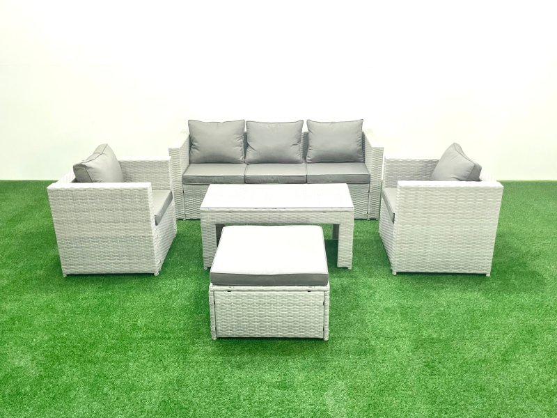 Fimous Rattan Garden Furniture Set 5 Pieces Outdoor Garden Sofa Oblong Coffee Table Set with 2 Chairs Stool Light Grey Mixed