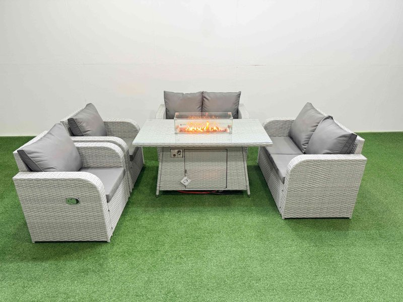 Fimous 6 Seater Outdoor Reclining Chair Love Sofa Set Rattan Garden Furniture Set with Firepit Dining Table Light Grey