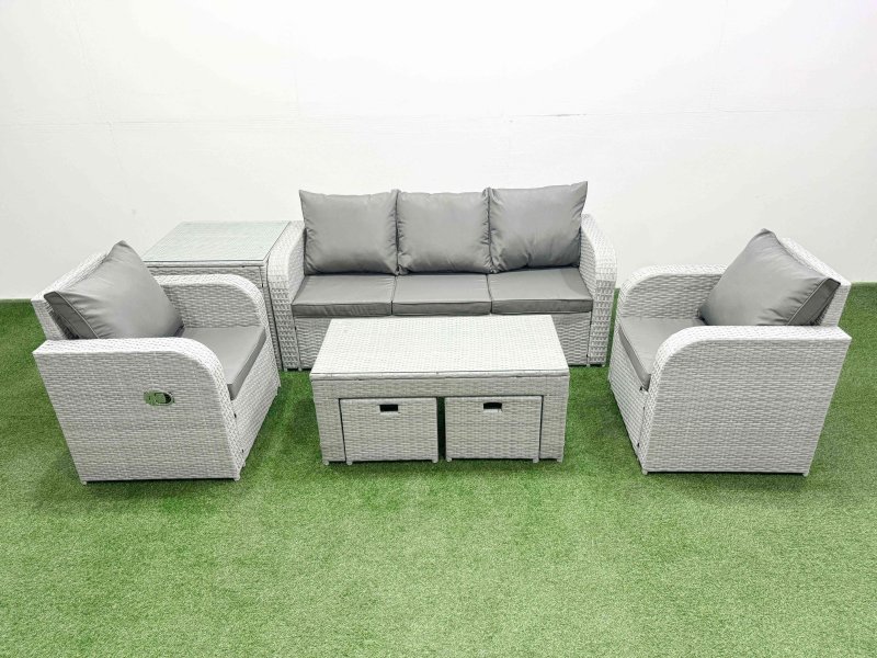 Fimous PE Rattan Garden Furniture Set Reclining Chair Sofa Lounge Sofa Set Rectangular Coffee Table Side Table 2 Small Stools Light Grey