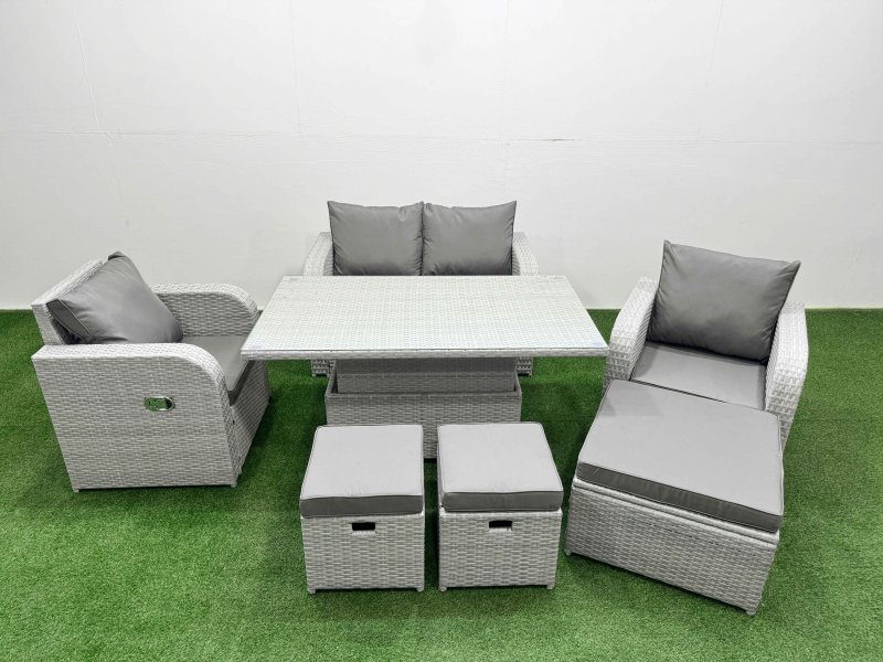 Fimous Light Grey PE Wicker Rattan Garden Furniture Set Sofa Set Reclining Chair Adjustable Lifting Dining or Coffee Table 7 Seater 3 Stools