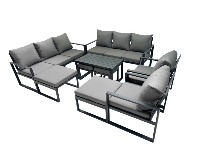 Fimous Outdoor Garden Furniture Set Aluminium Lounge 3 Seat Sofa Oblong Coffee Table Sets with 2 Chairs 4 Stools Dark Grey