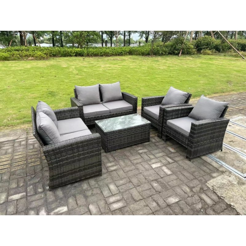 Fimous 6 Seater Dark Grey Mixed High Back Rattan Sofa Set rectangular Coffee Table Garden Furniture Outdoor Patio