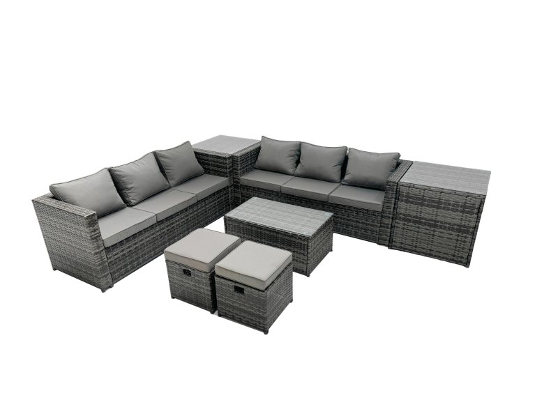 Fimous Rattan Garden Furniture Dining Set 8-seater Patio Coffee Table Sofa Set with Side Table 2 Small Footstools Dark Grey Mixed