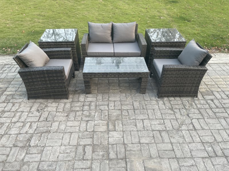 Fimous 4 Seater Outdoor Rattan Garden Furniture Set Patio Lounge Sofa Set with Coffee Table 2 Side Tables Dark Grey Mixed