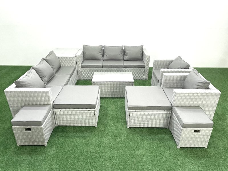 Fimous 10 Pieces Rattan Garden Furniture Set Outdoor Garden Sofa Chair Coffee Table Set with 4 Footstools Side Table Light Grey Mixed