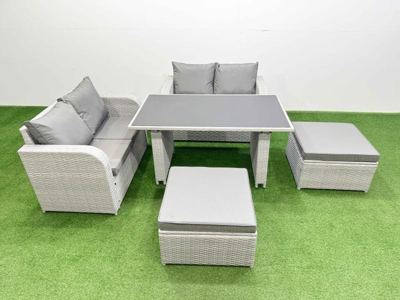 Fimous 5 Pieces Outdoor PE Rattan Sofa Set Patio Garden Furniture Sets with Cushions 2 Big Stools Light Grey