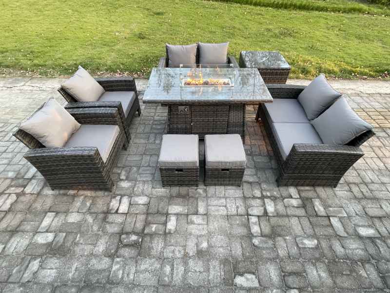 Fimous Wicker PE Rattan Garden Furniture Sets 8 Seater Patio Outdoor Gas Firepit Dining Table Heater Set with Double Seat Sofa Side Table 2 Small Footstools Dark Grey Mixed