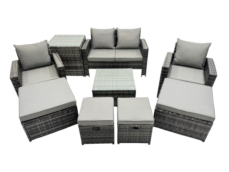 Fimous PE Rattan Garden Furniture Set Lounge Sofa Coffee Table Set with Side Table 4 Footstools Dark Grey Mixed