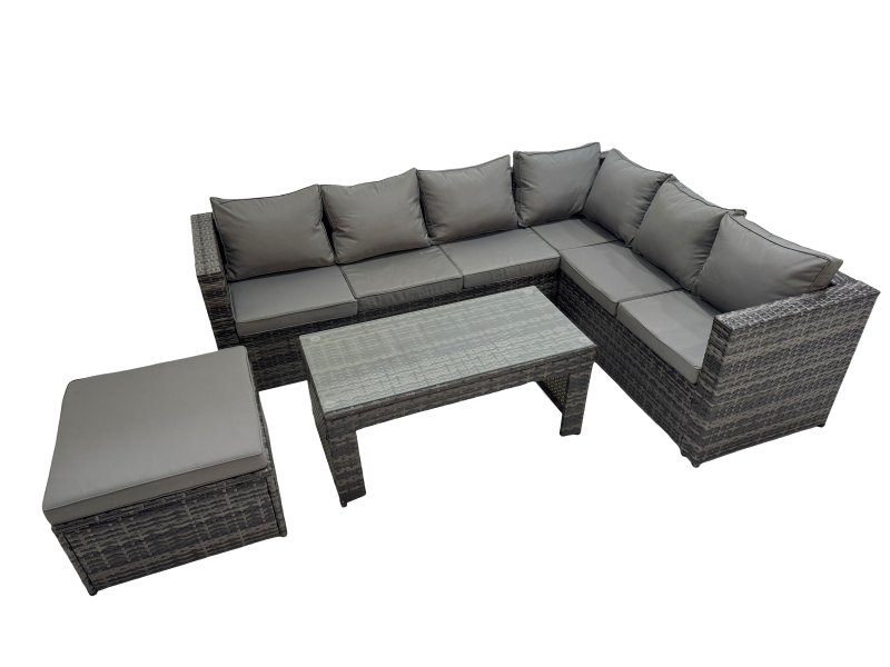 Fimous Outdoor Rattan Oblong Coffee Table Corner Sofa Sets Garden Furniture Set with Big Stool Dark Grey Mixed