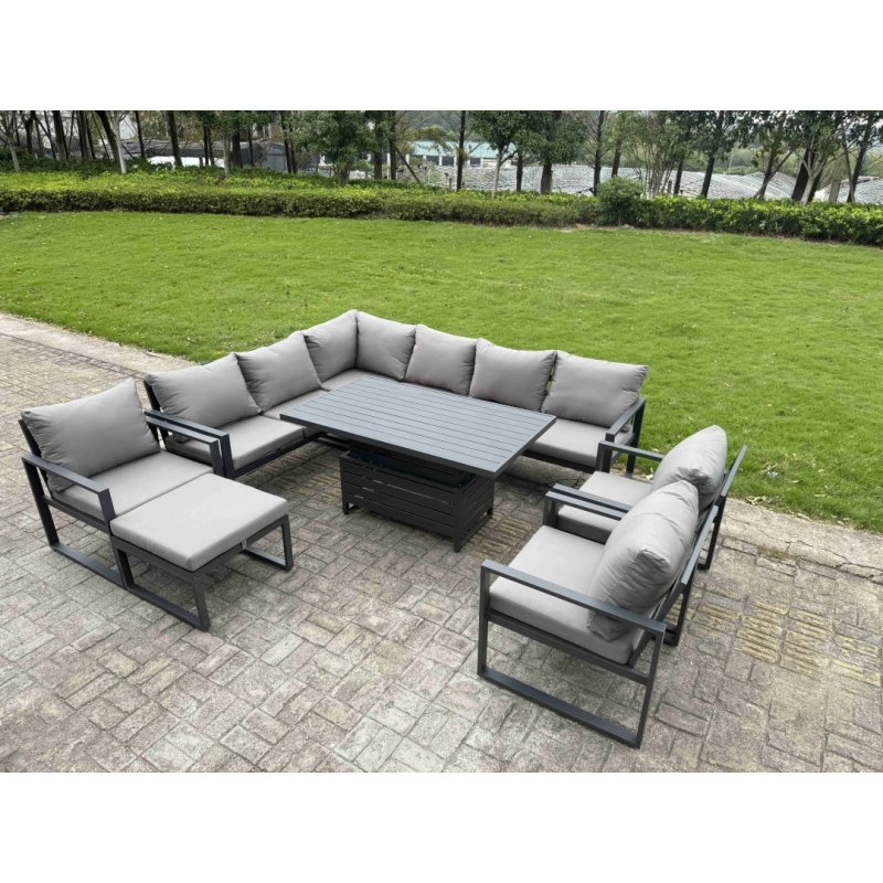 Fimous Aluminium Garden Furniture Sets,9 Seater Outdoor Conversational Dining Set with Adjustable Rising Lifting Dining Table Cushions for Yard,Poolside, Patio, Dark Grey