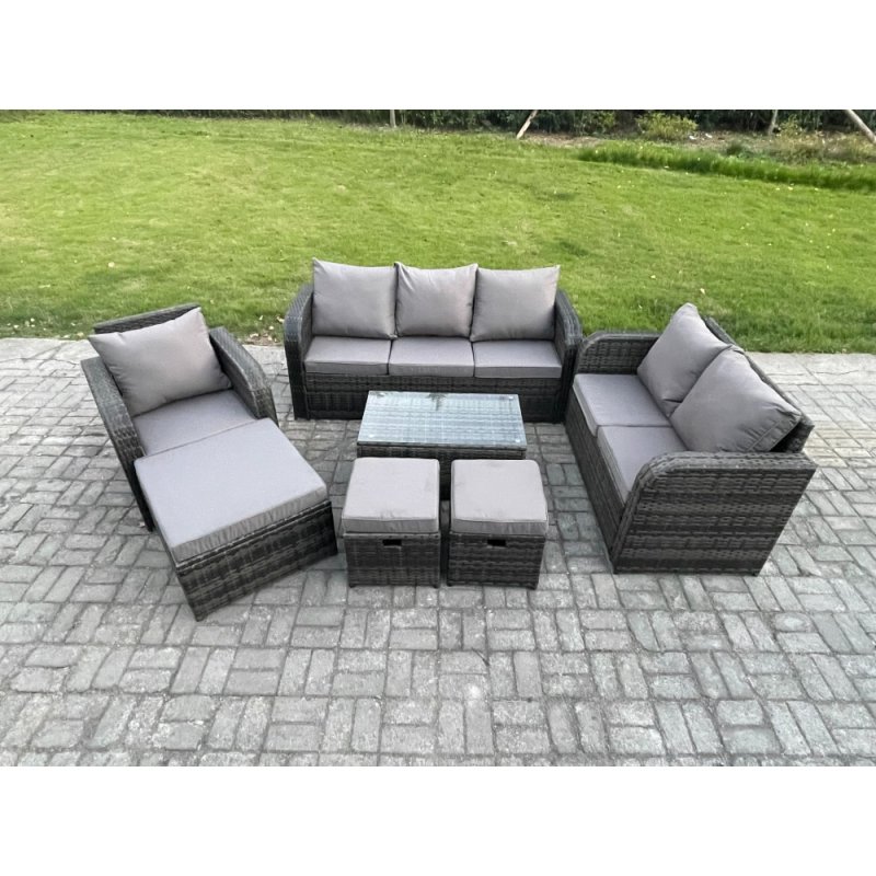 Fimous Outdoor Garden Furniture Sets 7 Pieces Wicker Rattan Furniture Sofa Sets with Rectangular Coffee Table Loveseat Sofa 3 Footstools