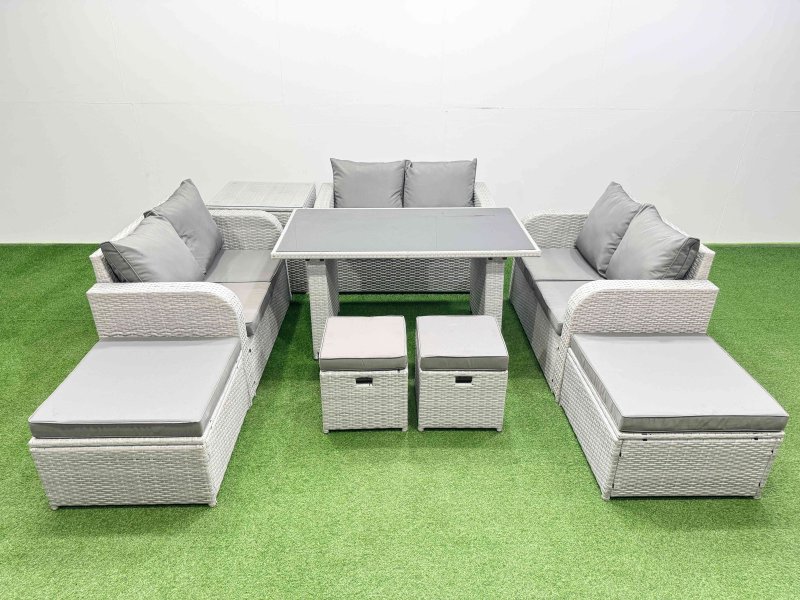 Fimous 10 Seater Patio Garden Furniture Sets with Black Glass Top Dining Table Love Sofa Side Table 4 Stools Light Grey