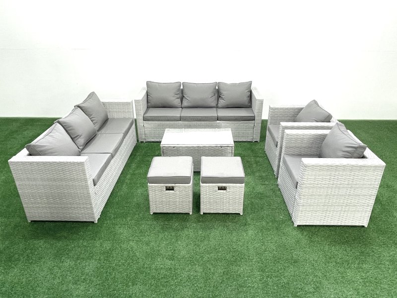 Fimous Outdoor Rattan Sofa Garden Furniture Set with 2 Armchairs Oblong Coffee Table 2 Small Footstools Light Grey Mixed