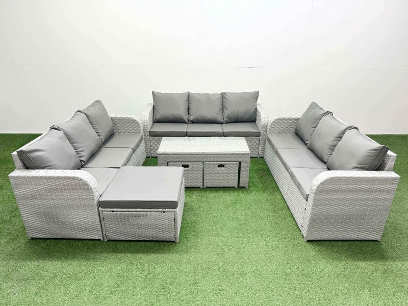 Fimous PE Rattan Lounge Sofa Set 12 Seater Outdoor Garden Furniture Set with Oblong Coffee Table 3 Seater Sofa 3 Stools Light Grey