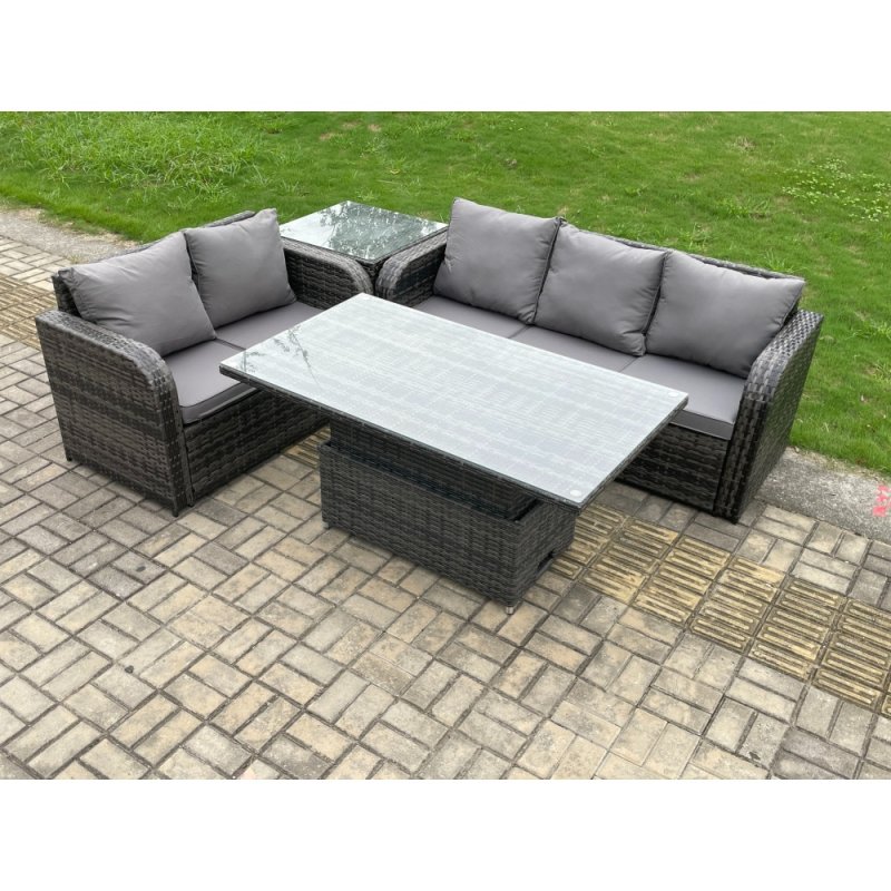 Fimous Outdoor Rattan Garden Furniture Sets Height Adjustable Rising lifting Dining Table Lounge Sofa Set With Side Table Dark Grey Mixed
