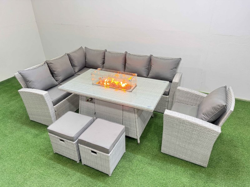 Fimous 9 Seat Rattan Garden Furniture Corner Sofa Set Outdoor Gas Fire Pit Table Sets with 2 Small Footstools Light Grey