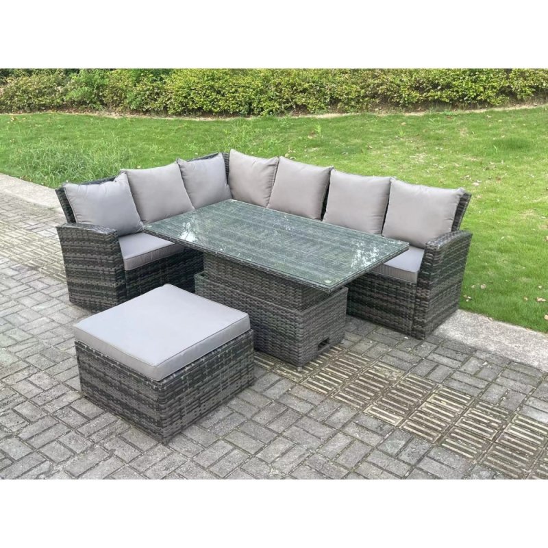 Fimous 7 Seater?Outdoor Rattan High Back Adjustable Rising Lifting Dining Table Corner Sofa Set Garden Furniture Dark Grey Mixed Left Hand