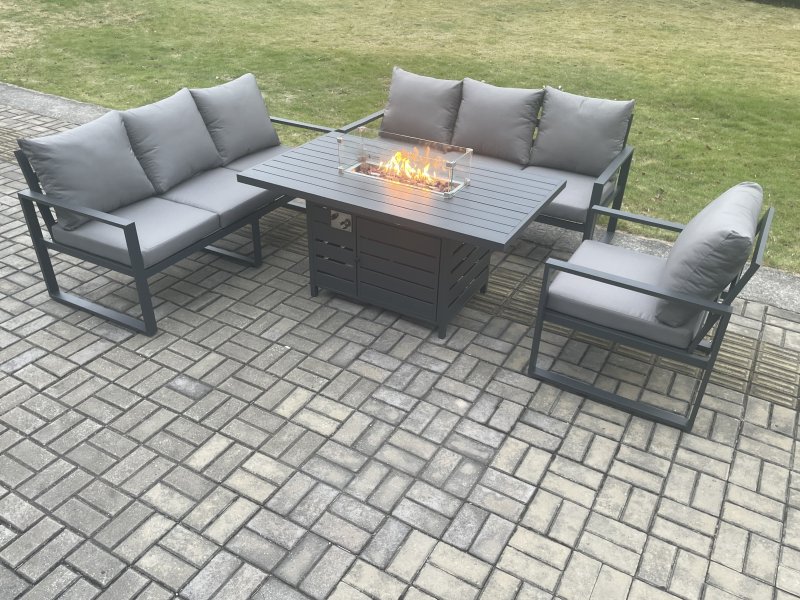 Fimous Aluminium Outdoor Lounge Sofa Garden Furniture Sets Gas Fire Pit Dining Table Set Dark Grey