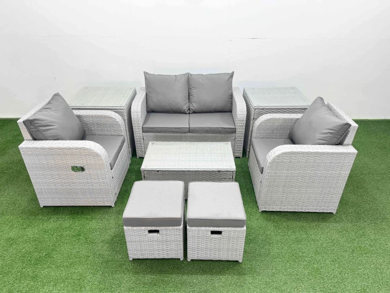 Fimous Light Grey PE Wicker Rattan Garden Furniture Set Sofa Set Reclining Adjustable Chair Rectangular Coffee Table 6 Seater 2 Small Stools 2 Side Table