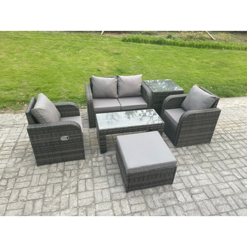 Fimous Rattan Lounge Sofa Set Outdoor Garden Furniture Set with Rectangular Coffee Table Big Footstool Love Sofa Side Table Dark Grey Mixed
